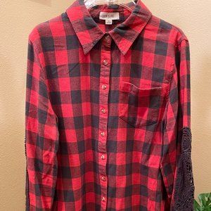 Taylor & Sage Orangey Red Flannel Shirt with Crochet Elbow Pads